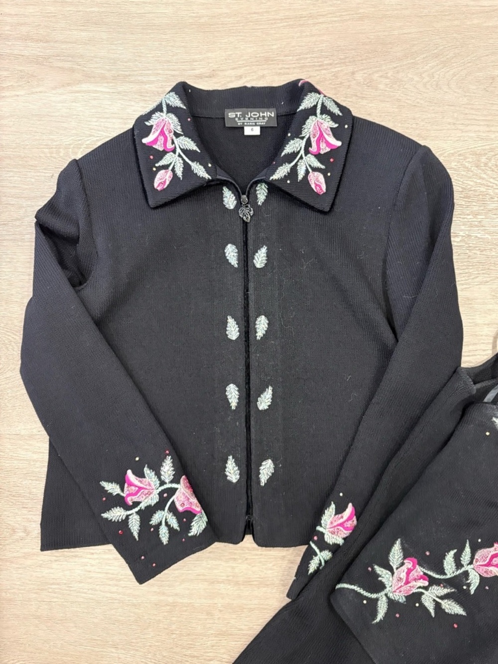 St. John Black Knit Jacket with Pink Floral Embroidery